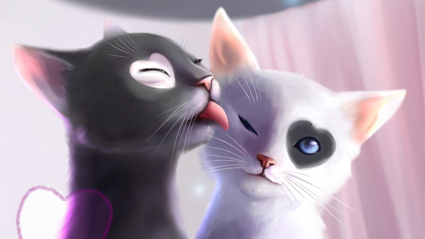 Black White Cat Love Heat Kiss Art Wallpaper