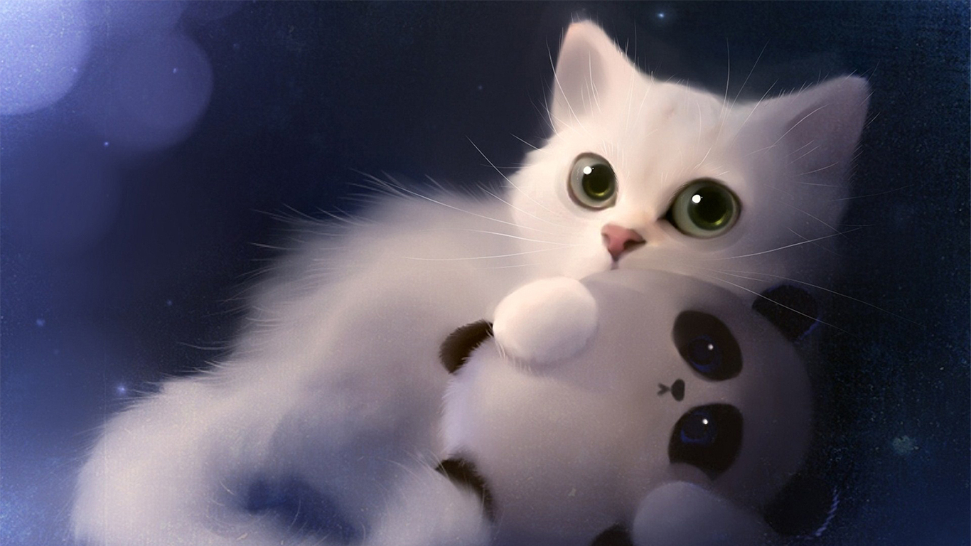 White Kitten, Cute, Big Eyes, Art Cat Wallpaper