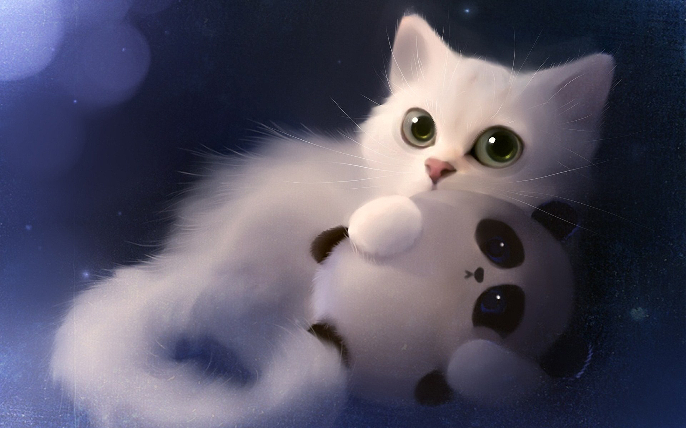 White Kitten, Cute, Big Eyes, Art Cat Wallpaper