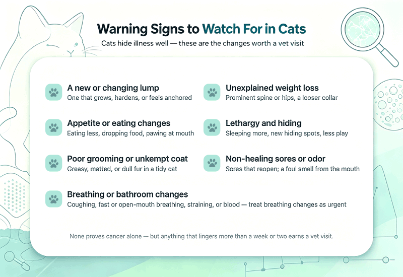 Checklist of cat cancer symptoms to watch for: new lump, weight loss, appetite and behavior changes, sores, breathing changes.